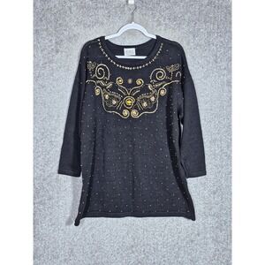 Vintage Jessica Stevens Tunic Sweater‎ Womens Size Medium Black Gold Beaded Art